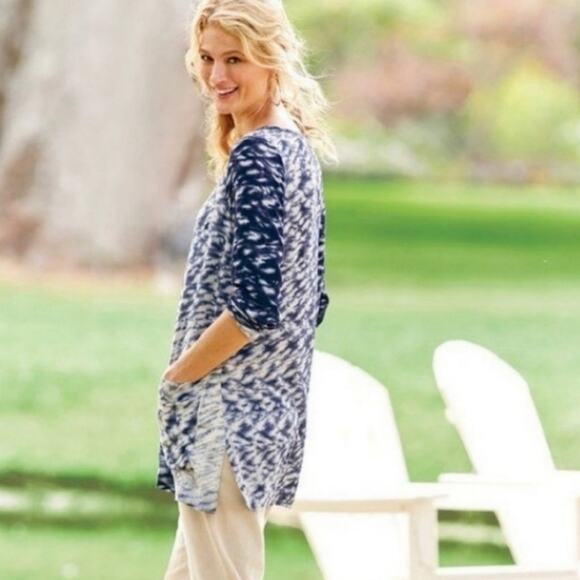 Soft Surroundings Tie Dye Tunic Top XS Blue Cream 3/4 Sleeve Abstract Print - Picture 2 of 7